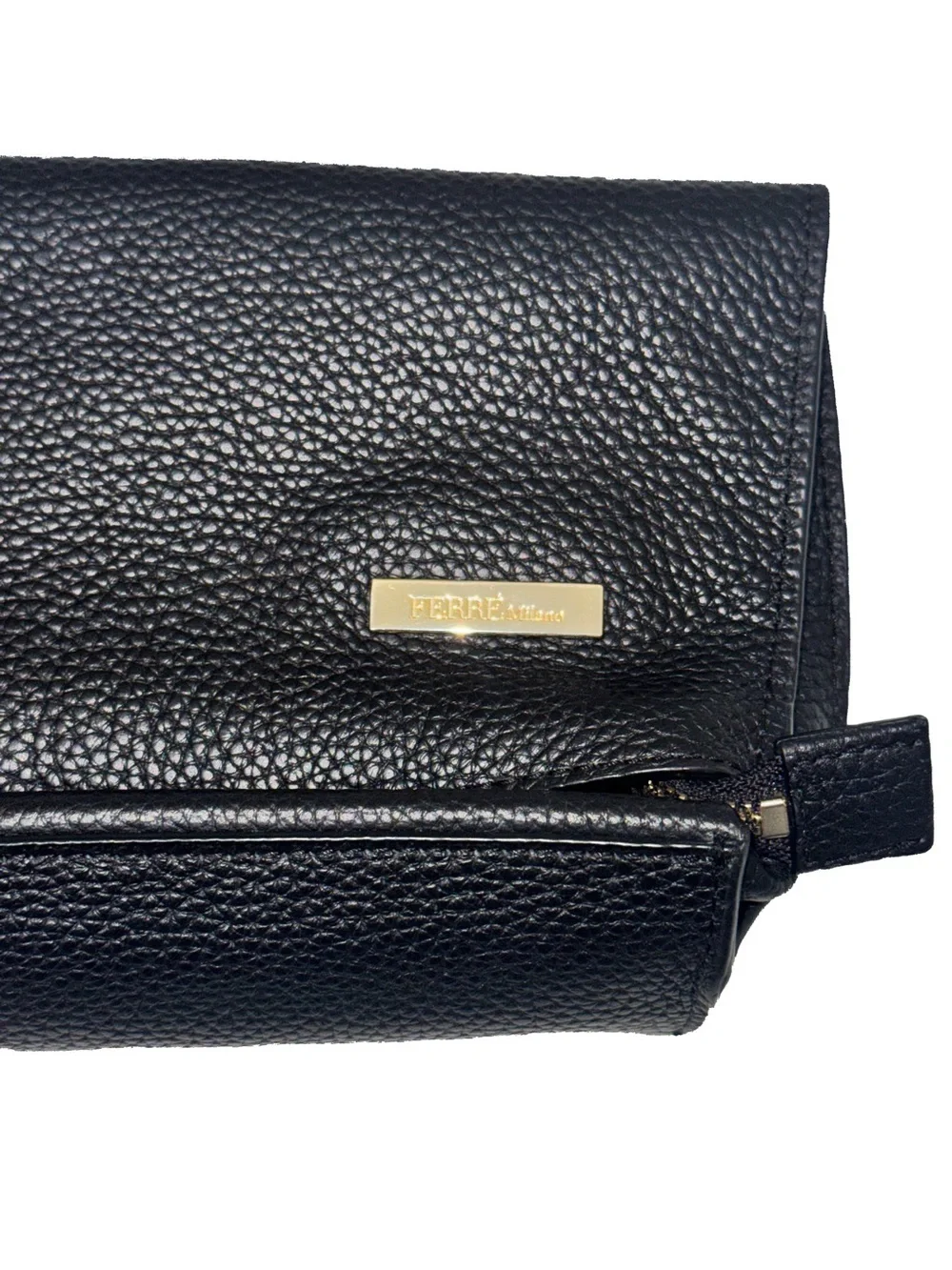 Ferre Milano Black Pebbled Leather Foldover Clutch Bag